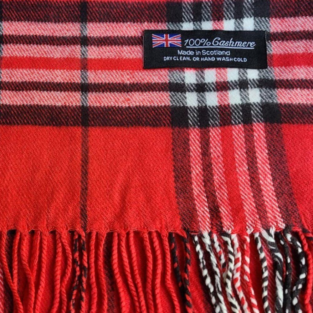 100% Cashmere Red Tartan Plaid Scarf made in Scotland NEW!